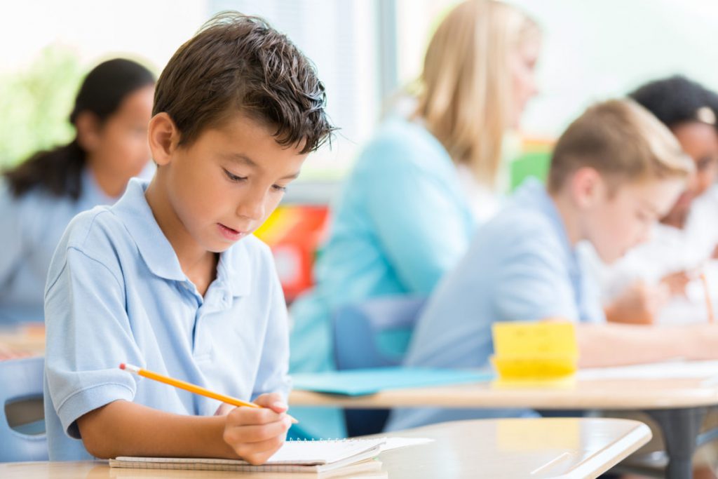 طفل بكتب في الفصل - معايير التقويم المدرسي